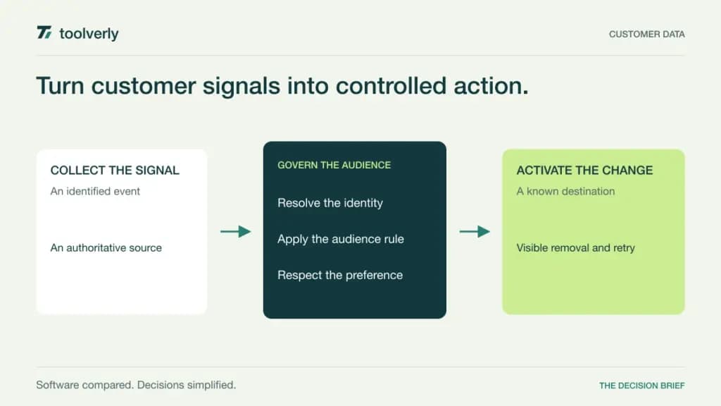 Diagram connecting customer signals to governed identity and audience logic, then controlled downstream activation.