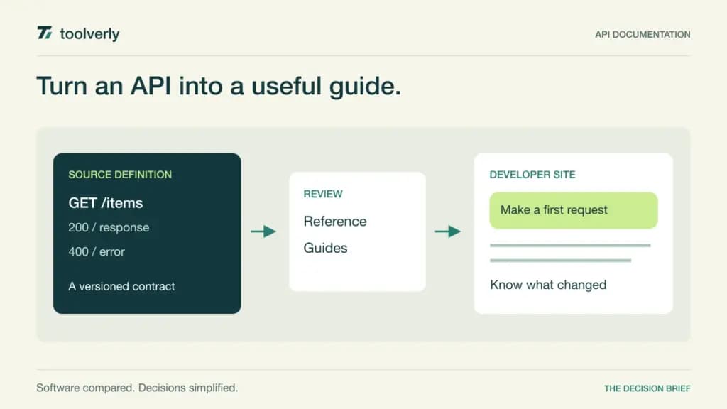Illustration connecting an API definition and guide review to a published developer reference and request example.