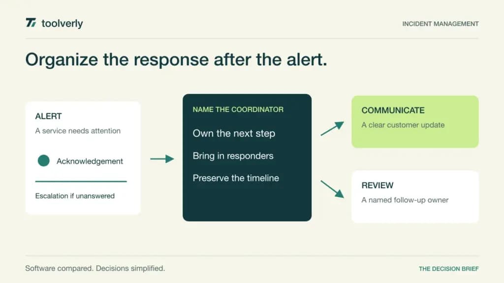 Illustration connecting an alert to a named incident coordinator, a customer update, and a post-incident review.