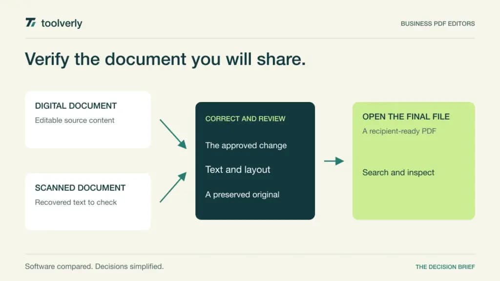Diagram connecting a scanned or digital document to corrected PDF content, a review, and a checked final export.