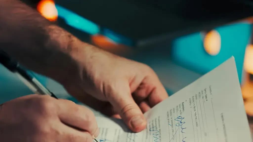 Hands filling in and signing a paper document with a pen.