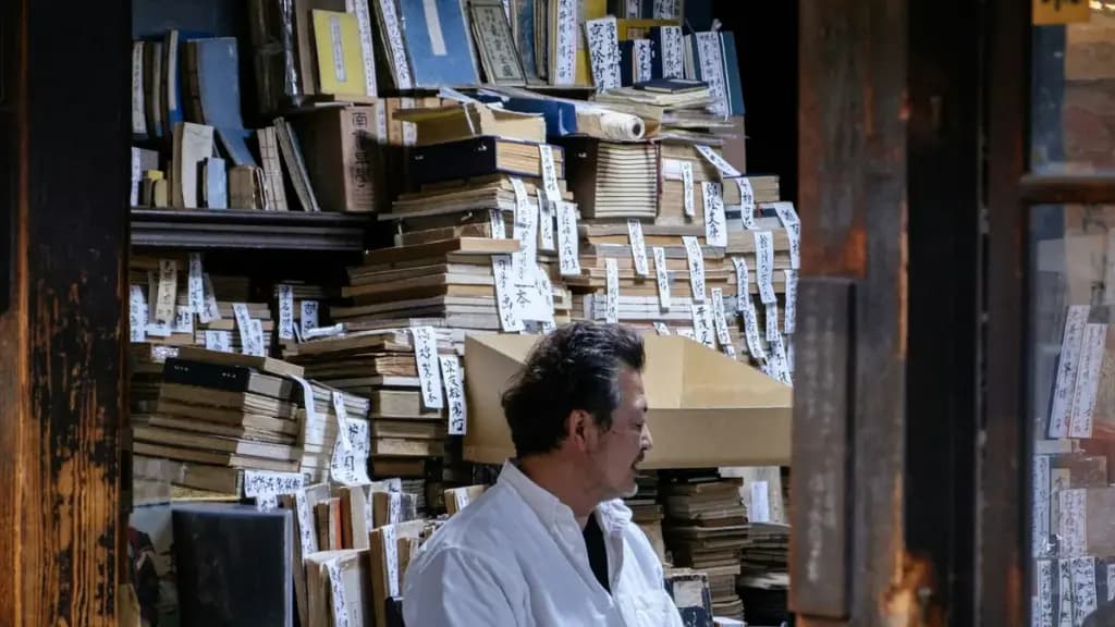 Person reading among shelves and stacks of books.