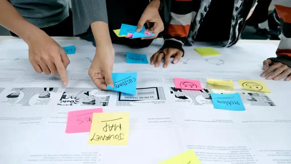 Team arranging sticky notes on a wall during a planning workshop.